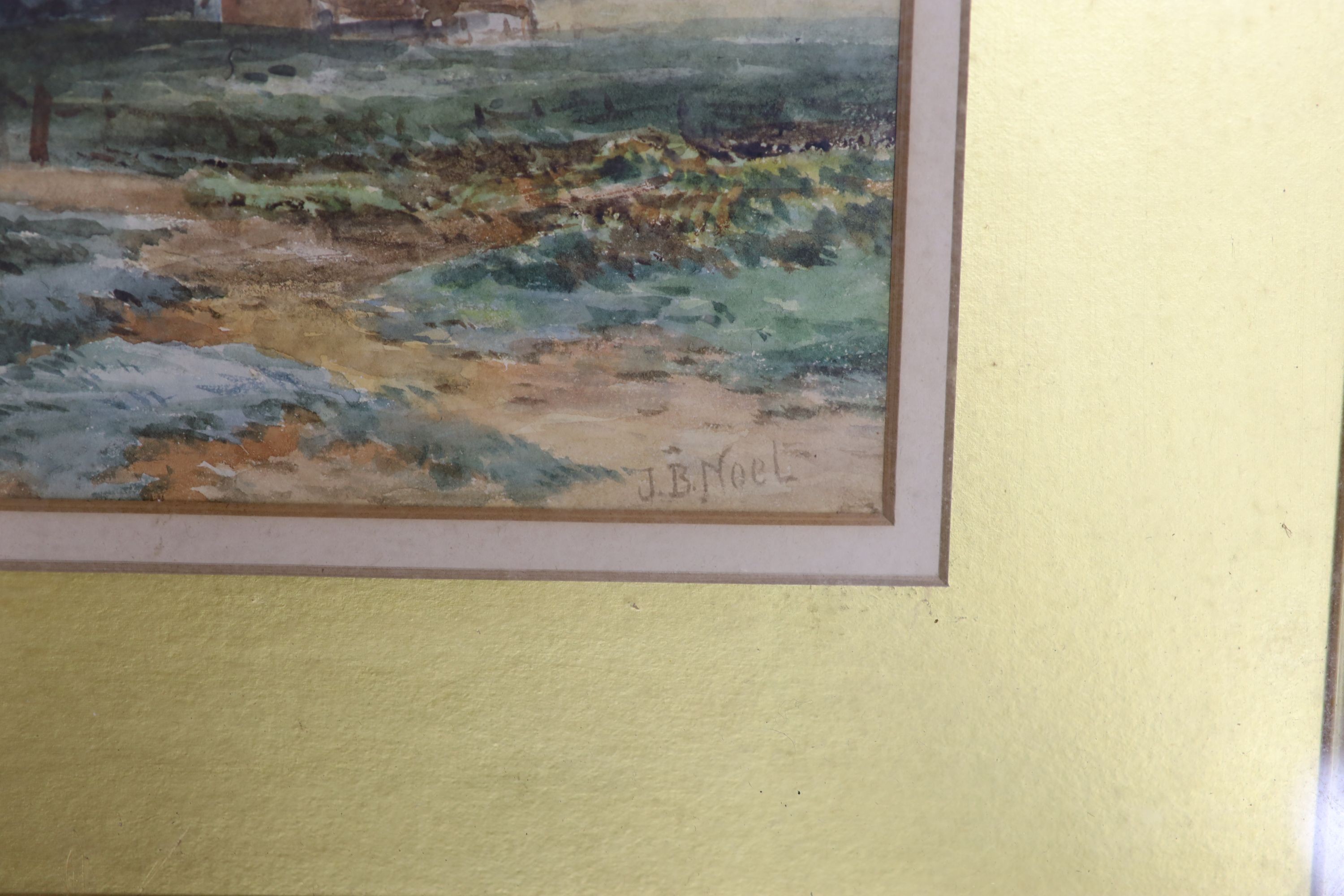 J.B. Noel, watercolour, Landscape with figure and cattle, signed, 18 x 26cm